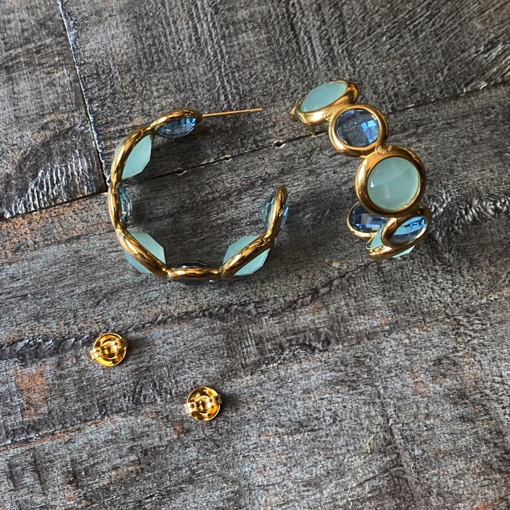 NEW Gold & Blue Stones Chunky Hoop Earrings - Picture 16 of 16